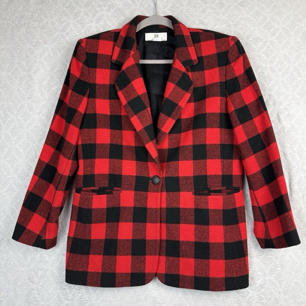Vtg Wool Blend Blazer Jacket Women M/L Red Black Buffalo Check Plaid Hipster 90s